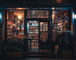 The warm glow of a small bookshop contrasts with the cold