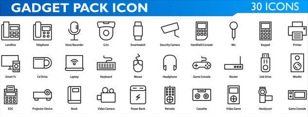 Gadget icon set. Containing landline,voice recorder,cctv,smartwatch,security camera,handheld console,mic,keypad,printer,smart tv,cd drive,laptop,keyboard,mouse,game console. Outline style collection