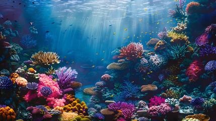 Vibrant coral reef teeming with fish in underwater natural habitat - obrazy, fototapety, plakaty