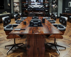 Polished wood tables and leather chairs in contrast with virtual reality headsets and digital avatars