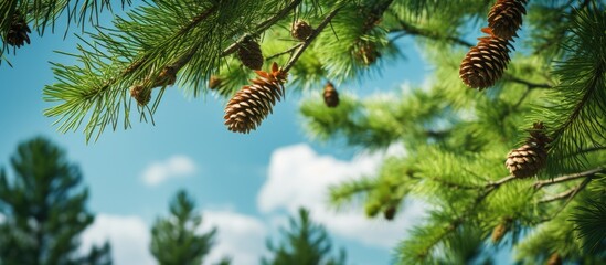 A pine tree branch filled with cones hangs against a backdrop of a summer day with a cloudy sky. The green needles add to the natural beauty of the scene.