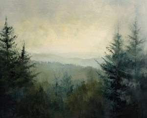 Obraz na płótnie Canvas Moody Pine Trees Landscape Painting
