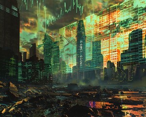 Holographic stock tickers rapidly declining amidst ruins of financial districts