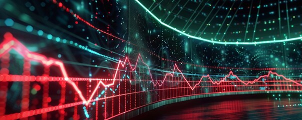 Holographic graphs transitioning from red to green depicting recession to growth - obrazy, fototapety, plakaty