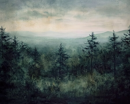 Moody Pine Trees Landscape Painting