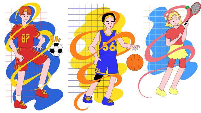 football, tennis, basketball, american football, volleyball, marathon illustration package, sport theme 1920 x 1080 px vector image