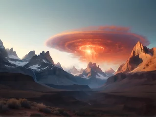 Fotobehang A fantastical depiction of an alien landscape with a mountain range under a swirling fiery sky at dusk © JohnTheArtist