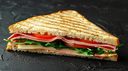 Delicious triangle sandwich with ham, cheese, tomato, and fresh salad ingredients