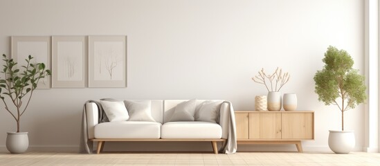 A white Scandinavian living room featuring a white couch, potted plants, wooden floor, dresser, vases, and decor on a large wall.