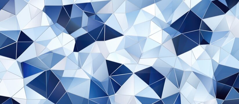 The background features a navy blue and white color scheme with various shapes arranged in a mosaic pattern. The shapes include squares, triangles, circles, and diamonds,