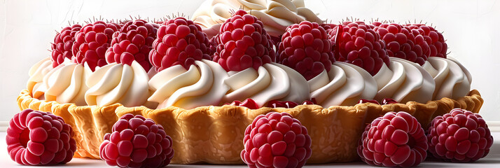 A 3D animated cartoon render of a red raspberry tart topped with a dollop of whipped cream. - obrazy, fototapety, plakaty