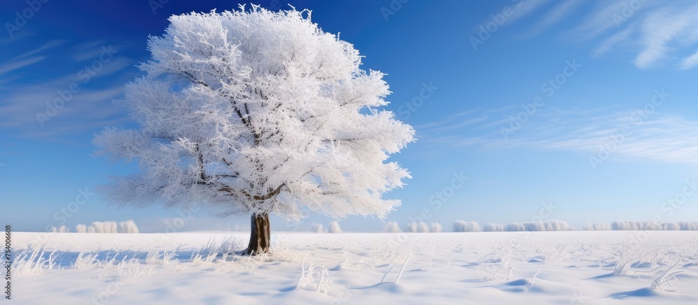 Poster a lone tree stands in the midst of a vast snowy field. the tree is covered in a layer of snow, contr