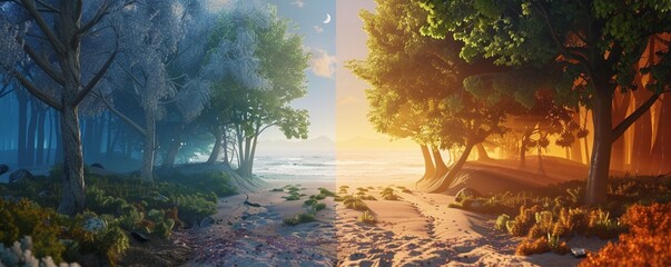 A sequence of day-to-night transitions showing the changing mood and life within a forest the serene stillness of a desert - obrazy, fototapety, plakaty