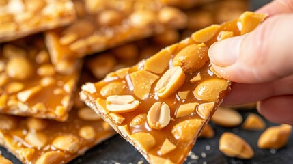 Crunchy peanut brittle close up, showcasing shattered pieces and peanuts for a satisfying bite. - obrazy, fototapety, plakaty