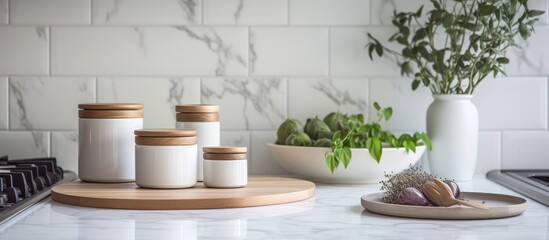 Fototapeta na wymiar Ceramic kitchen jars and spices neatly arranged on a white marble kitchen counter, creating a visually pleasing and organized cooking space.