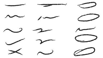 Charcoal strokes. Set of black hand drawn brush lines different forms on white background. Rough charcoal strokes. Collection of vector grunge brushes. chalk lines drawn by hand. Vector illustration