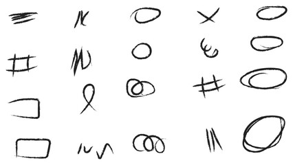 Charcoal strokes. Set of black hand drawn brush lines different forms on white background. Rough charcoal strokes. Collection of vector grunge brushes. chalk lines drawn by hand. Vector illustration