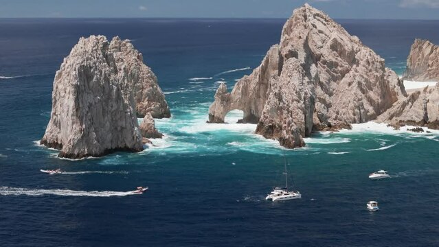 Aerial view of El Arco, at Land's End, Cabo San Lucas. Giant rocky outcrops featuring a natural arch. One of Mexico's famous natural attractions.