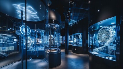 A futuristic museum displaying the history of storage