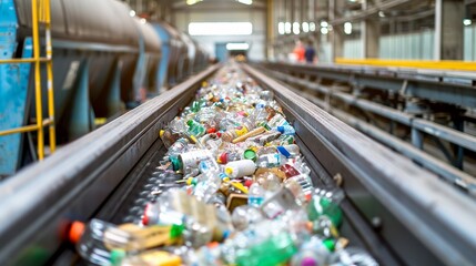 A conveyor belt in a recycling facility processing materials juxtaposed with overflowing waste bins