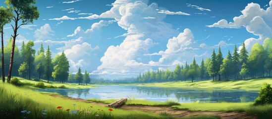 A vast lake is captured reflecting the clear blue sky with fluffy white clouds. Surrounding the lake are lush green forests that line the riverbank, creating a tranquil scene.