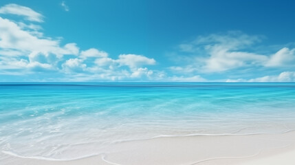 Empty beautiful beach with white sand and clear blue ocean wallpaper. A realistic and photographic image of a tropical paradise with no people, perfect for relaxing and dreaming. Travel and nature con - obrazy, fototapety, plakaty