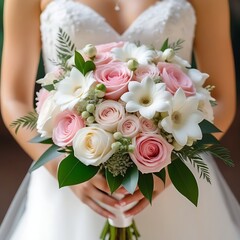 Wedding bouquet in the hands of the bride, bouquet focus