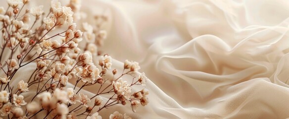 A delicate backdrop of creamy blooms and branches against a smooth fabric texture, infused with a warm and soft light, creating a serene and elegant visual.