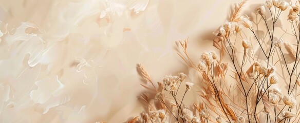 A soft boho-style background showcasing a subtle dance of light across a delicate arrangement of dried plants, evoking a sense of warmth and tranquility.