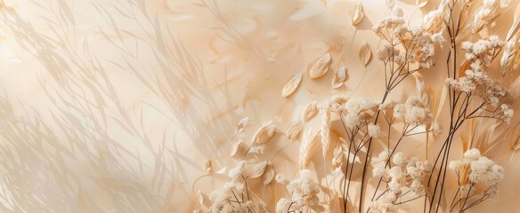 A soft boho-style background showcasing a subtle dance of light across a delicate arrangement of dried plants, evoking a sense of warmth and tranquility. - obrazy, fototapety, plakaty