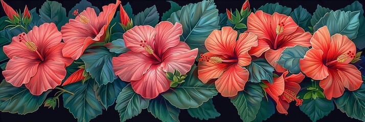 Banner illustration hibiscus flowers in red and pink hues against a dark background 