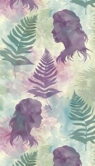 Fototapeta na wymiar Romantic ethereal background with soft pastel thuja leaves in pale pink, lavender, and mint blend.