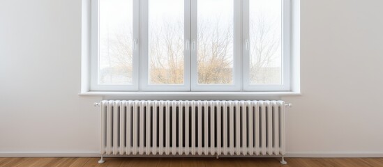 An empty room at home, featuring a white wall with a plastic window and a radiator. The space appears serene and ready for occupancy.