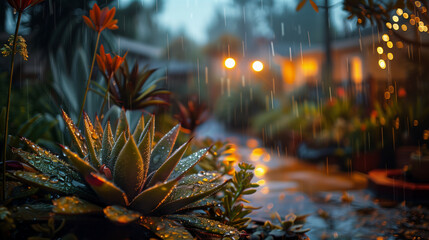 Raindrops on Tropical Plants at Twilight