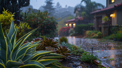 Rainy Day in Suburban Tropical Garden