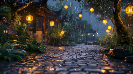 Tranquil Rainy Evening in Oriental Garden