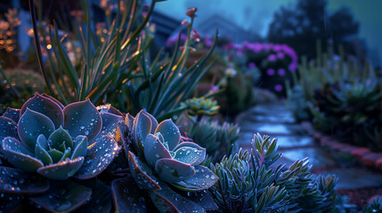 Succulents Adorned with Raindrops at Blue Hour