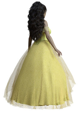3D rendered beautiful brunette female wearing an elegant yellow gown  - 3D Illustration
