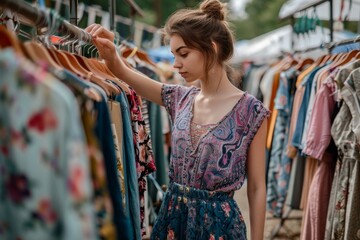 Young woman choosing dress hanging on clothes rack at flea market