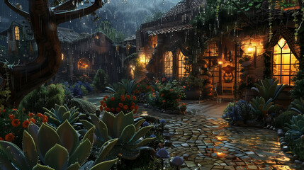 An enchanting nighttime garden scene during a rain shower, with cobblestone paths leading to warmly lit, quaint cottages surrounded by vibrant, rain-soaked flora.