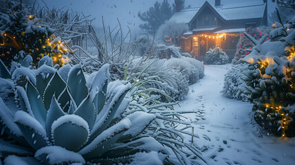 A beautiful succulent garden blanketed in fresh snow under a twilight sky, with festive holiday lights creating a cozy atmosphere around a charming cottage.