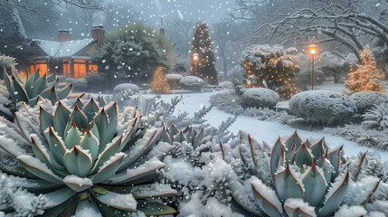 A picturesque evening view of a snow-covered garden with succulents in the foreground, decorated with festive lights and a warmly lit house providing a sense of holiday cheer.