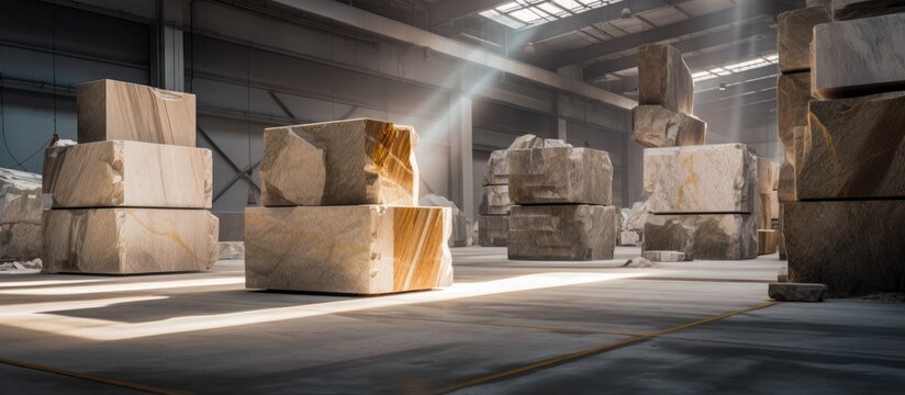 A collection of raw stone blocks made of natural marble and granite are stored in a warehouse. The massive cubes are neatly arranged and ready for manufacturing.