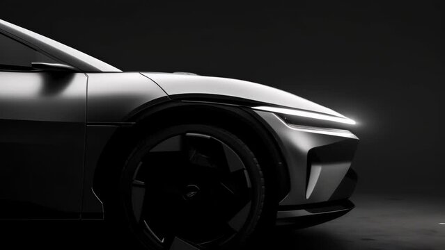 A side view of a monochrome headlight highlighting the unique shape and form of the housing as it blends seamlessly into the cars body.