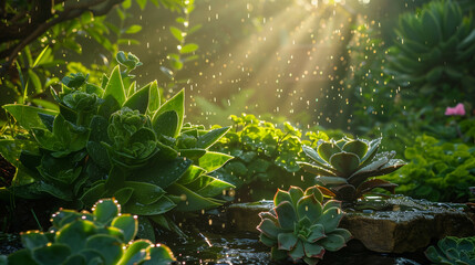 A mystical moonlit garden under a torrential downpour, with cobbled paths leading to warmly lit storybook cottages, all surrounded by verdant succulents and flowering plants.