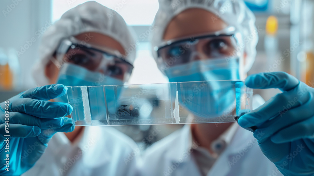 Poster two lab technicians are holding up a crosssection of a biodegradable composite for inspection. the l