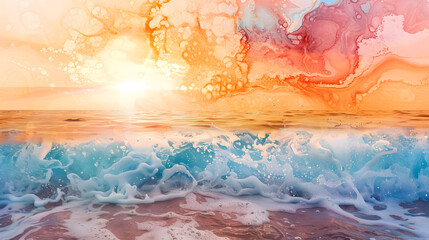 Enchanting Seaside Horizon. Capture the ethereal beauty of alcohol ink patterns blending seamlessly to depict a breathtaking seaside horizon during the golden hour.