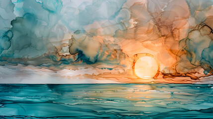 Enchanting Seaside Horizon. Capture the ethereal beauty of alcohol ink patterns blending seamlessly to depict a breathtaking seaside horizon during the golden hour.