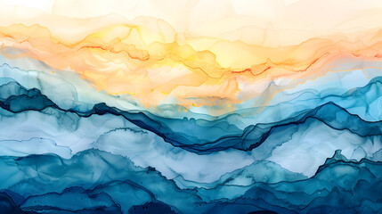 Enchanting Seaside Horizon. Capture the ethereal beauty of alcohol ink patterns blending seamlessly to depict a breathtaking seaside horizon during the golden hour.