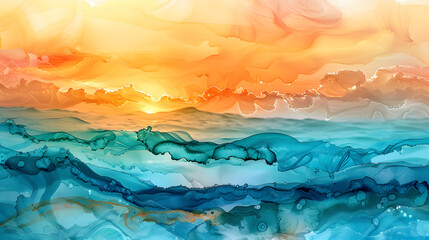 Enchanting Seaside Horizon. Capture the ethereal beauty of alcohol ink patterns blending seamlessly to depict a breathtaking seaside horizon during the golden hour.